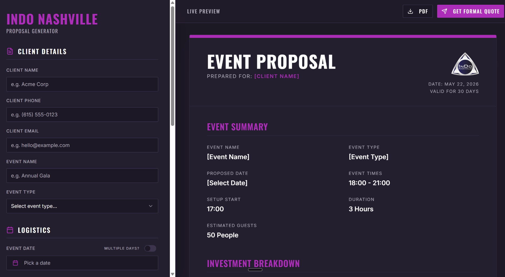 Live Venue Quote tool built for InDo Nashville showing availability check and instant PDF quote
